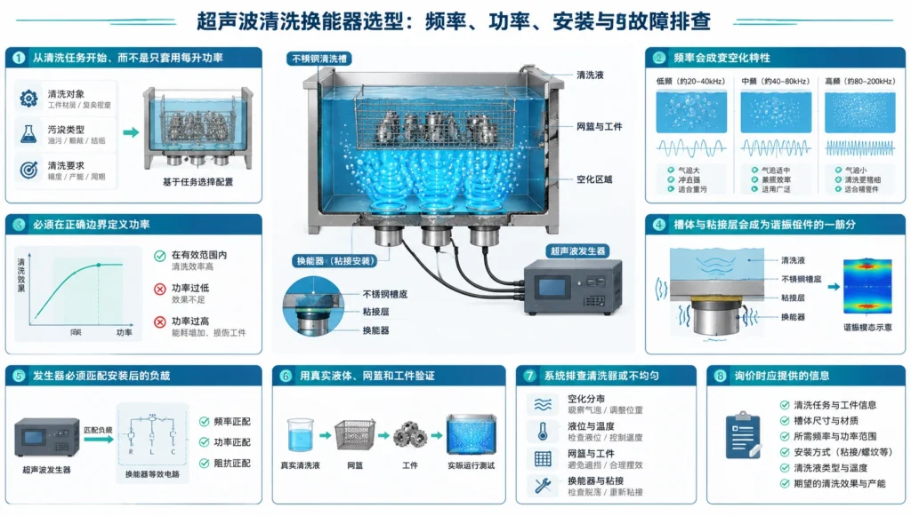 粘接在不锈钢清洗槽底部并显示空化区域和发生器连接的超声波清洗换能器