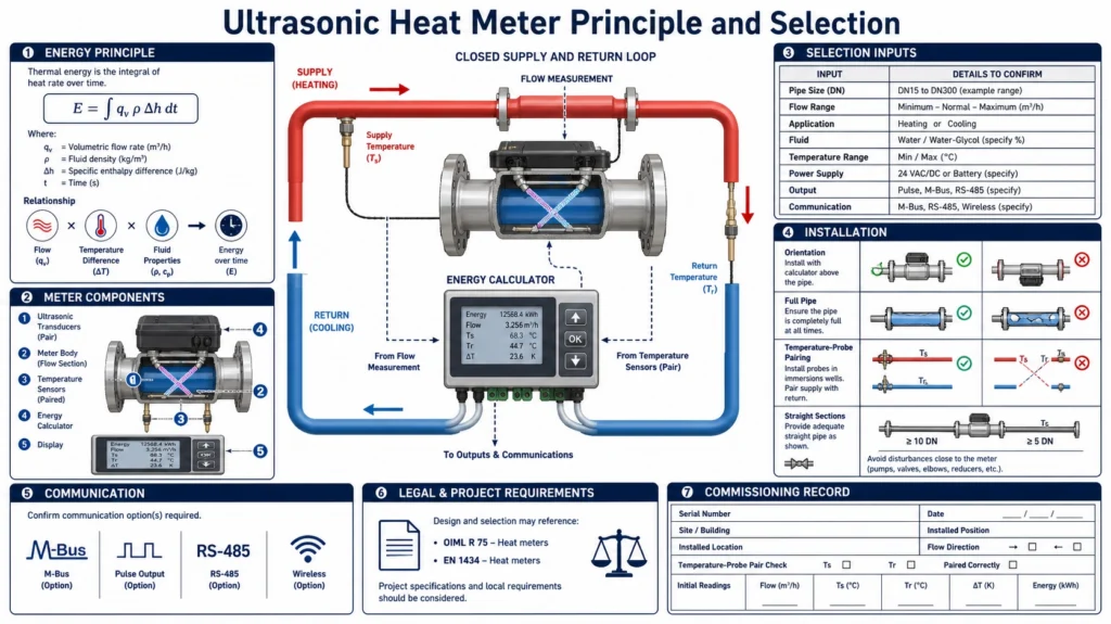 Ultrasonic heat meter system measuring pipe flow and paired supply and return temperatures for energy calculation