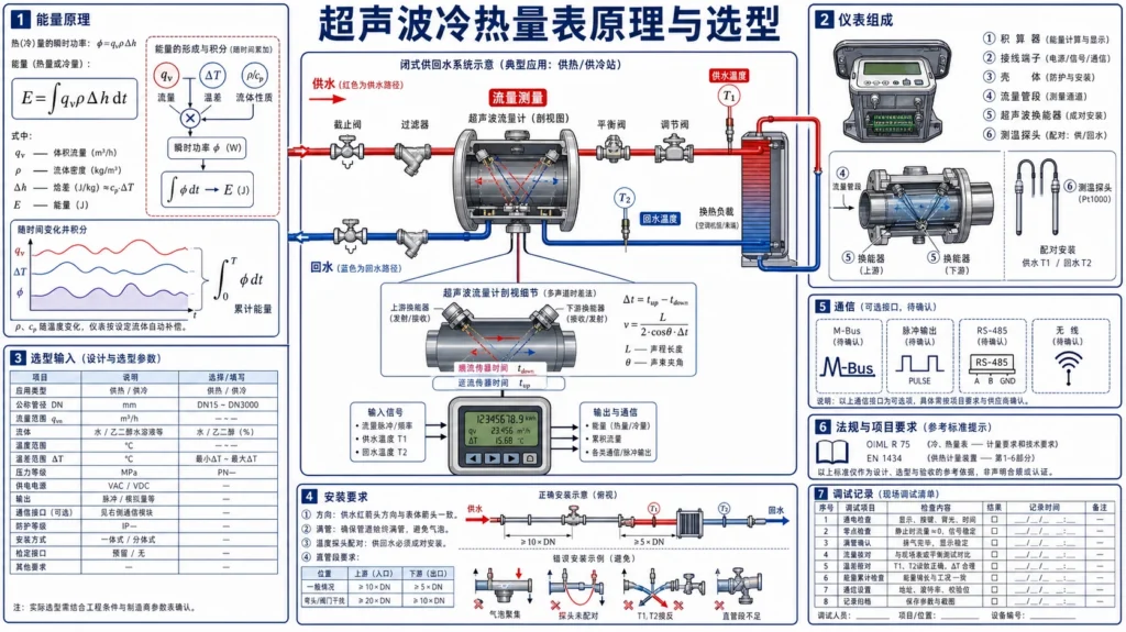 超声波冷热量计量系统测量管道流量和配对供回水温度并计算能量