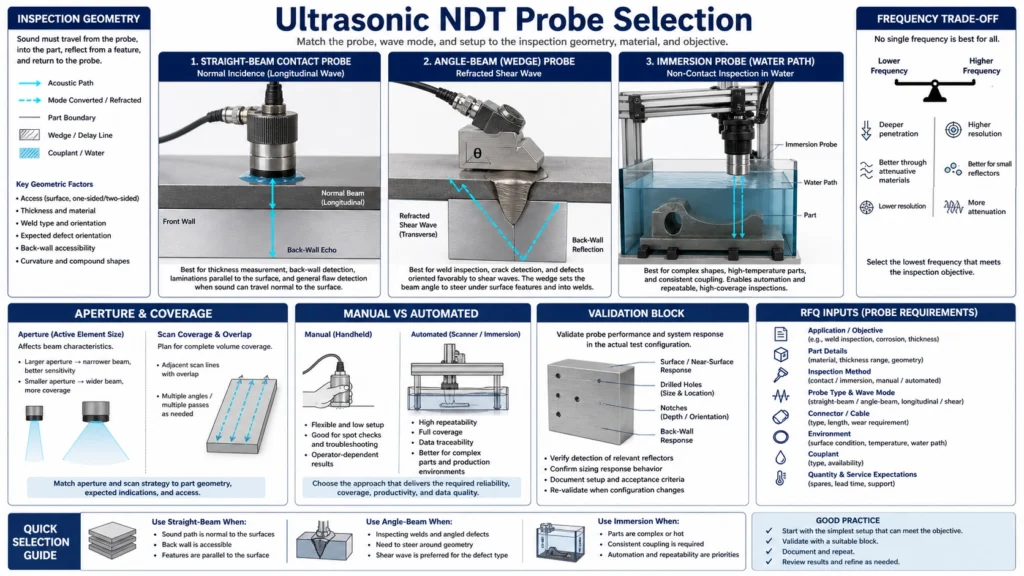 Engineering comparison of straight-beam, angle-beam and immersion ultrasonic NDT probe sound paths in test pieces