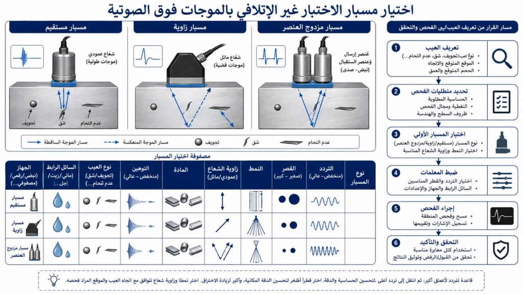 مقارنة هندسية للمسارات الصوتية لمجسات الفحص غير الإتلافي بالموجات فوق الصوتية ذات الحزمة المستقيمة وذات الحزمة المائلة ومجسات الغمر في قطع الاختبار