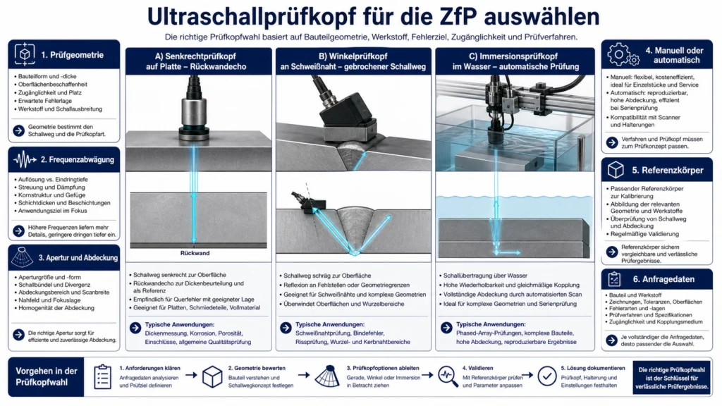 Technischer Vergleich der Schallwege von Senkrecht-, Winkel- und Immersionsprüfköpfen in Prüfstücken