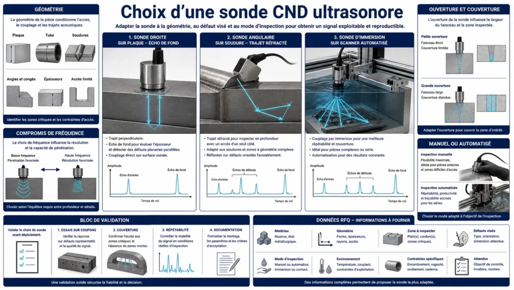 Comparaison technique des trajets acoustiques de sondes CND ultrasonores droites, angulaires et d’immersion dans des pièces contrôlées