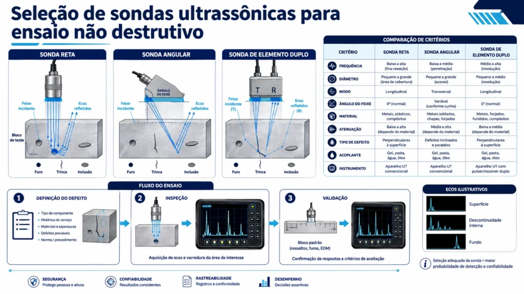 Comparação de engenharia dos percursos acústicos de sondas ultrassônicas para END de feixe reto, angular e de imersão em corpos de prova