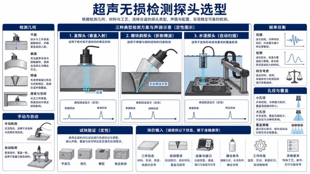 直探头、斜探头与水浸超声无损检测探头在工件中形成不同声路的工程对比图