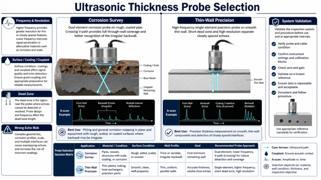 Comparison of a dual-element corrosion thickness probe and a precision thin-wall ultrasonic probe with their echo paths