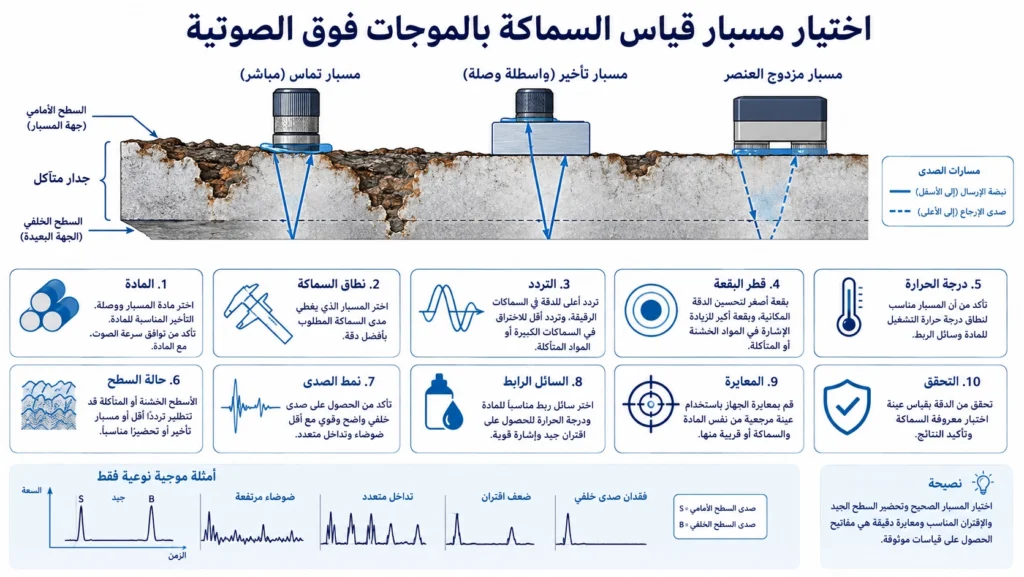 مقارنة بين مجس تآكل لقياس السماكة ثنائي العنصر ومجس دقيق بالموجات فوق الصوتية للجدران الرقيقة مع مسارات أصدائهما