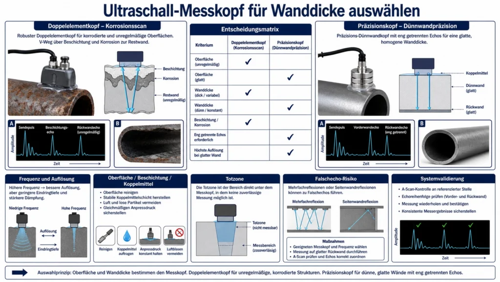 Vergleich eines Doppelelement-Korrosionsmesskopfs und eines Präzisions-Ultraschallmesskopfs für dünne Wände mit ihren Echowegen