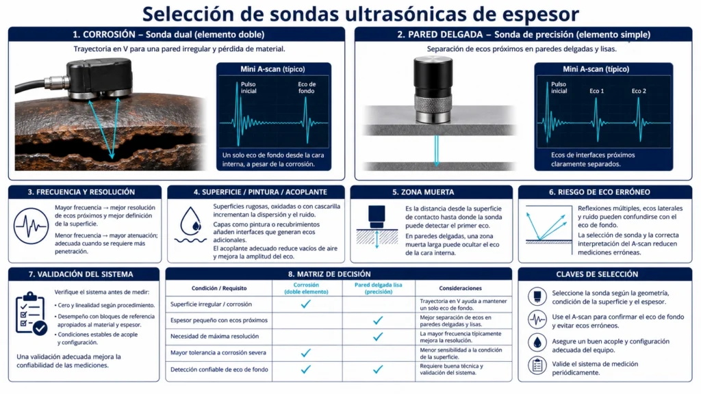 Comparación de una sonda dual para corrosión y una sonda ultrasónica de precisión para pared delgada con sus recorridos de eco