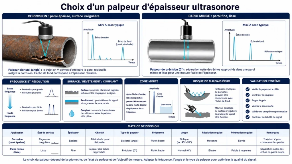 Comparaison d’un palpeur bicristal pour corrosion et d’un palpeur ultrasonore de précision pour paroi mince avec leurs trajets d’écho
