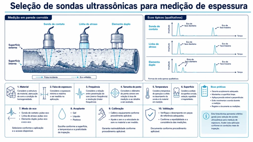 Comparação entre uma sonda de espessura de elemento duplo para corrosão e uma sonda ultrassônica de precisão para paredes finas, com seus percursos de eco