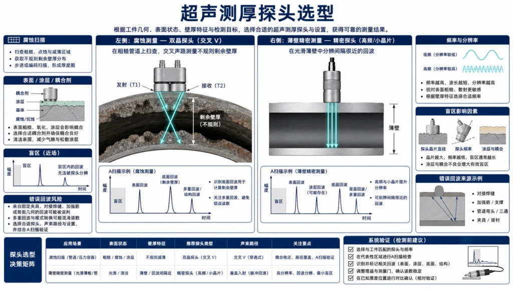 双晶腐蚀测厚探头与精密薄壁超声探头及其回波声路的对比图