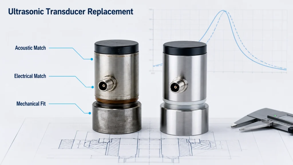Existing and replacement ultrasonic transducers compared by acoustic, electrical and mechanical interfaces