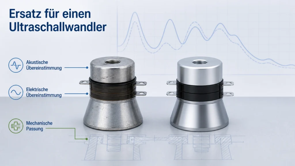 Vergleich von vorhandenem und Ersatz-Ultraschallwandler nach akustischen, elektrischen und mechanischen Schnittstellen