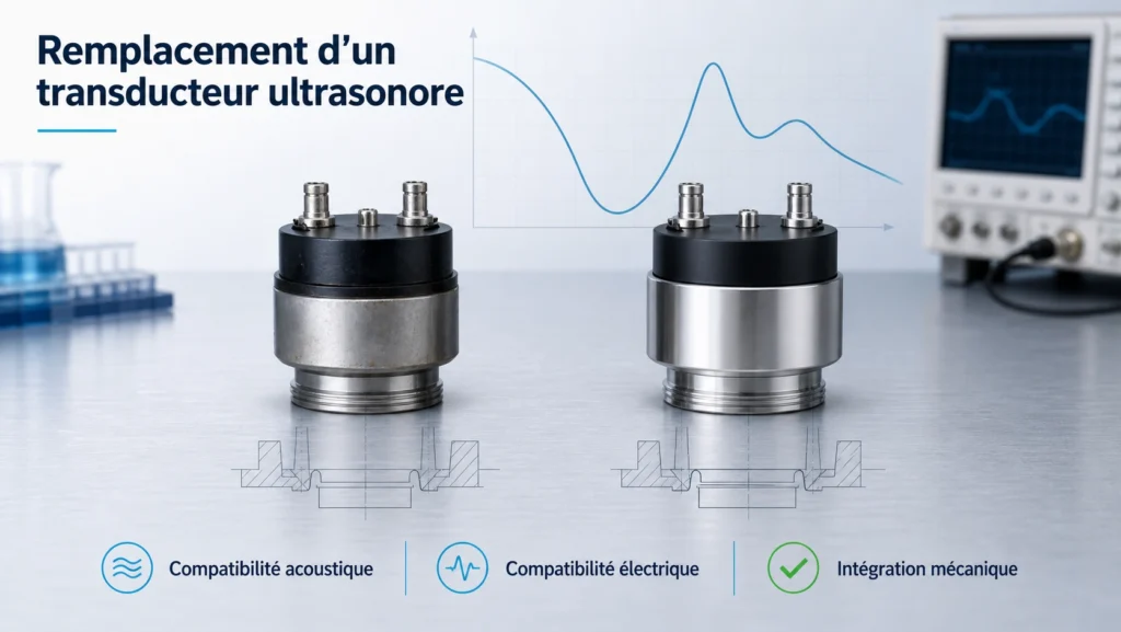 Comparaison d’un transducteur ultrasonore existant et de son remplacement selon interfaces acoustiques, électriques et mécaniques