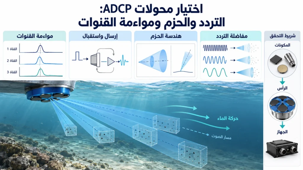 محول BBUA-ADCP بواجهة صوتية دائرية سوداء وحافة معدنية وكابل