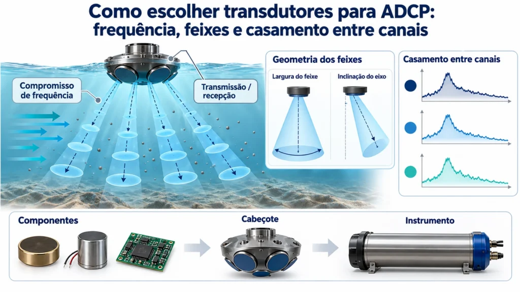 Transdutor BBUA-ADCP com face acústica circular preta, borda metálica e cabo
