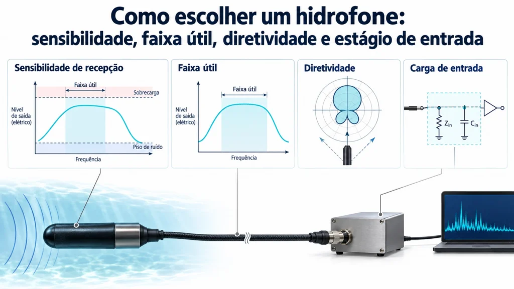 Hidrofone BBUA-H7K com corpo cilíndrico prateado e parte superior preta com rosca externa