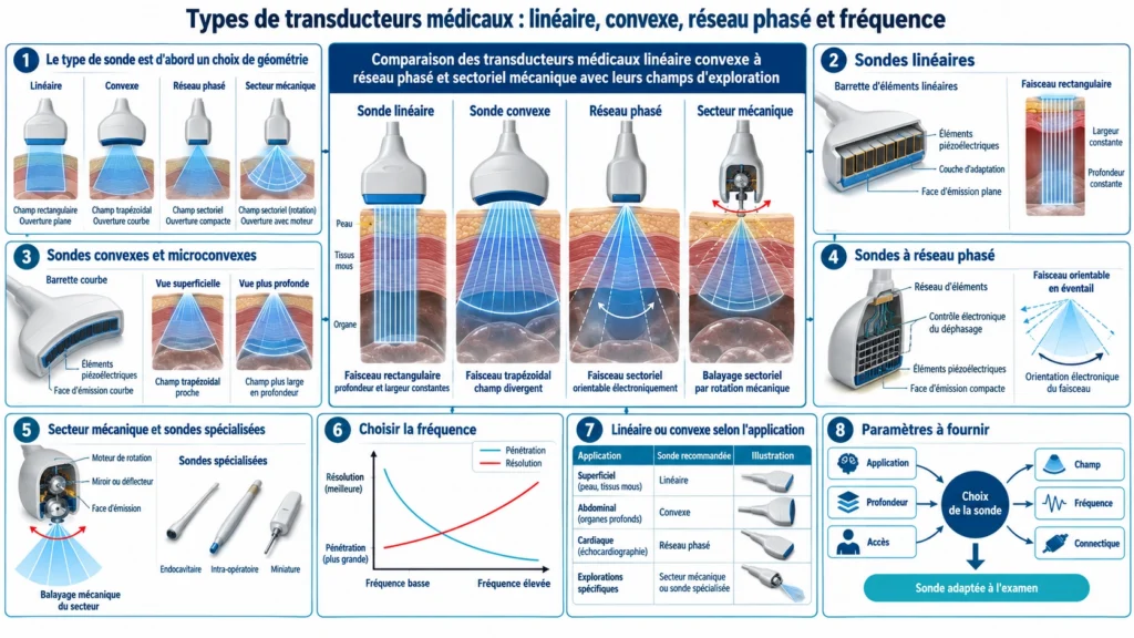 Comparaison des transducteurs médicaux linéaire convexe à réseau phasé et sectoriel mécanique avec leurs champs d'exploration
