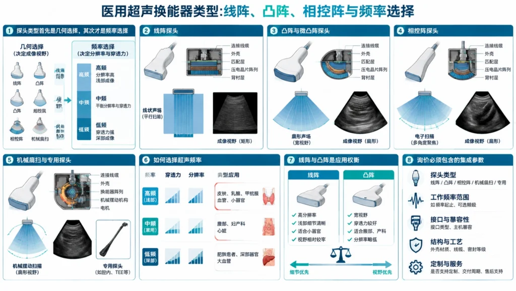 线阵凸阵相控阵和机械扇扫医用超声换能器及扫描视野对比