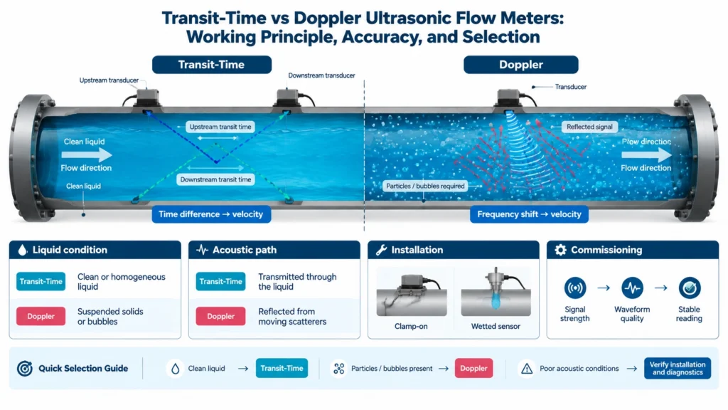 Comparison of transit-time crossed acoustic paths and Doppler reflection in an ultrasonic flow meter pipe