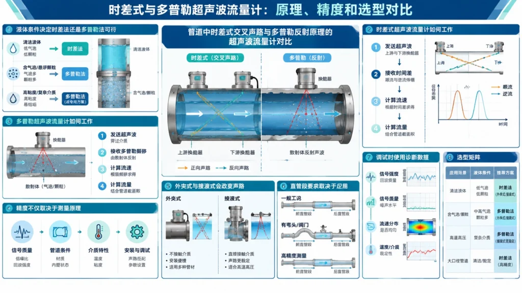 管道中时差式交叉声路与多普勒反射原理的超声波流量计对比