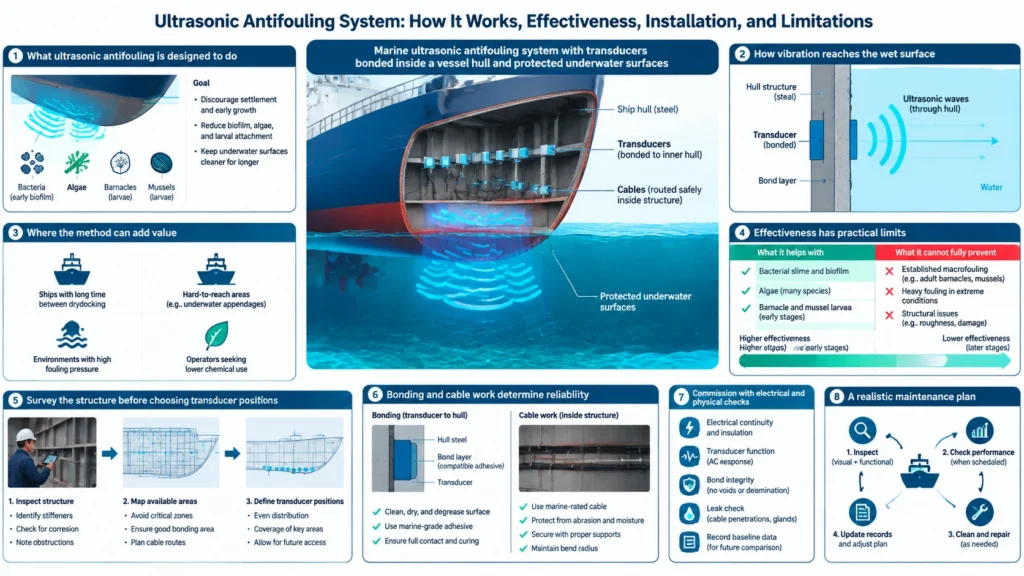 Marine ultrasonic antifouling system with transducers bonded inside a vessel hull and protected underwater surfaces