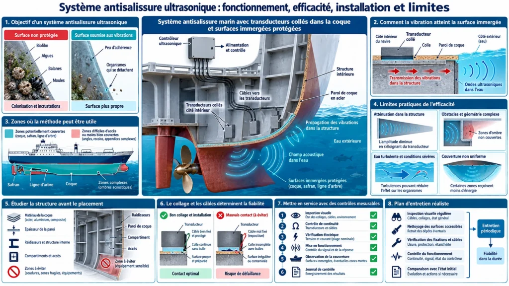 Système antisalissure marin avec transducteurs collés dans la coque et surfaces immergées protégées
