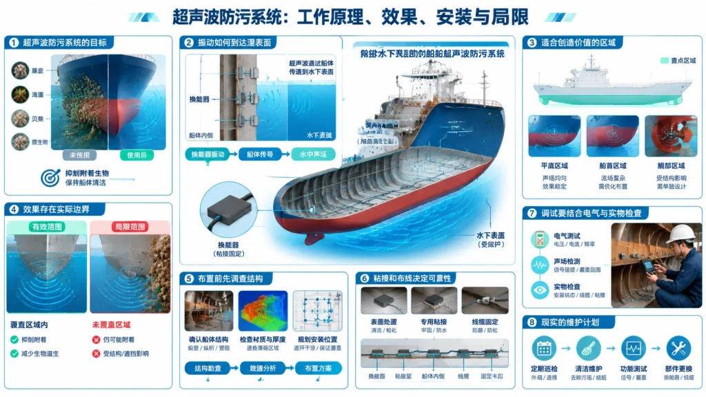 换能器粘接在船体内侧并保护水下表面的船舶超声波防污系统