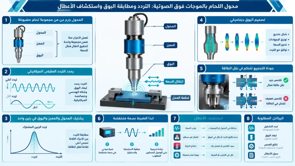 مجموعة لحام فوق صوتي توضح المحول والمعزز والبوق وقطعة العمل وانتقال السعة