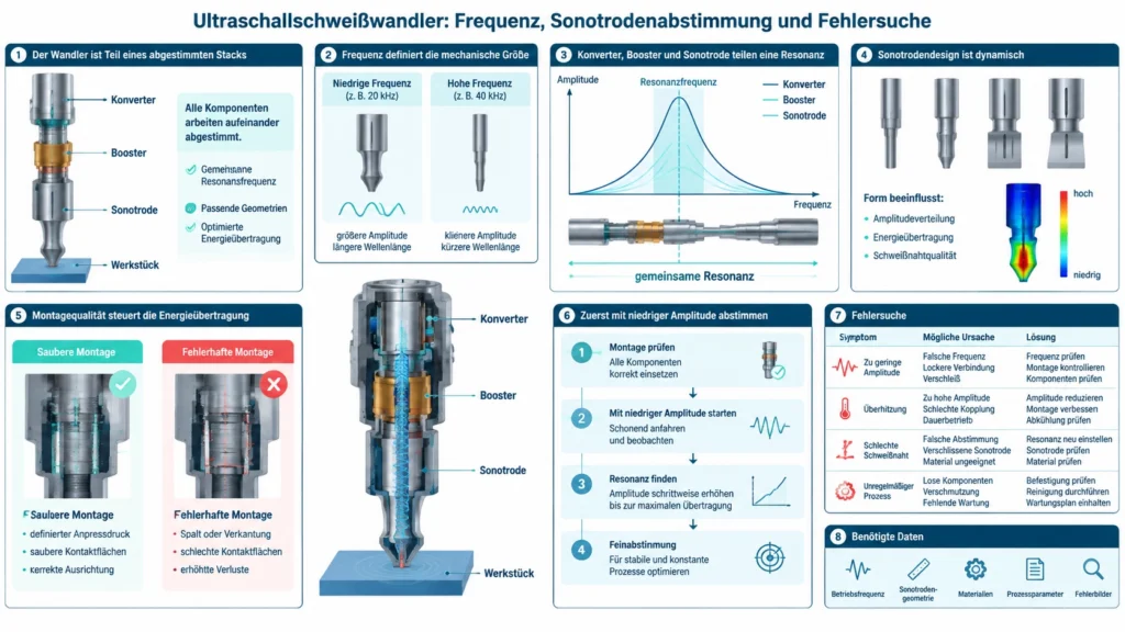 Ultraschallschweißeinheit mit Wandler Booster Sonotrode Werkstück und Amplitudenübertragung