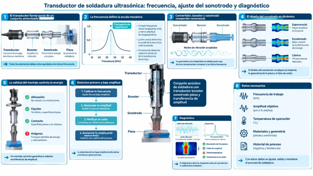 Conjunto acústico de soldadura con transductor booster sonotrodo pieza y transferencia de amplitud
