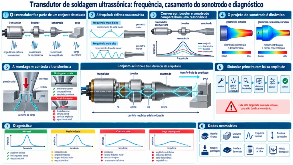 Conjunto acústico de soldagem com transdutor booster sonotrodo peça e transferência de amplitude